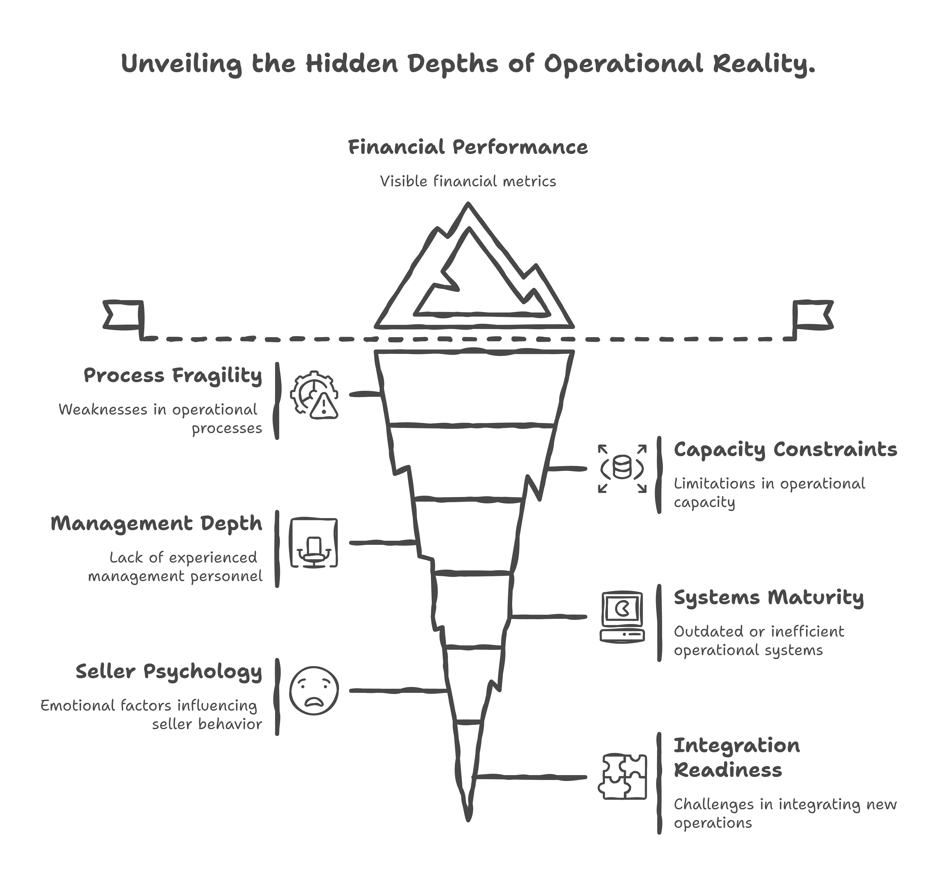 What standard due diligence sees vs. what operational DD reveals: an iceberg showing Financial Performance above the waterline (visible financial metrics) and below it — Process Fragility, Capacity Constraints, Management Depth, Systems Maturity, Seller Psychology, and Integration Readiness.