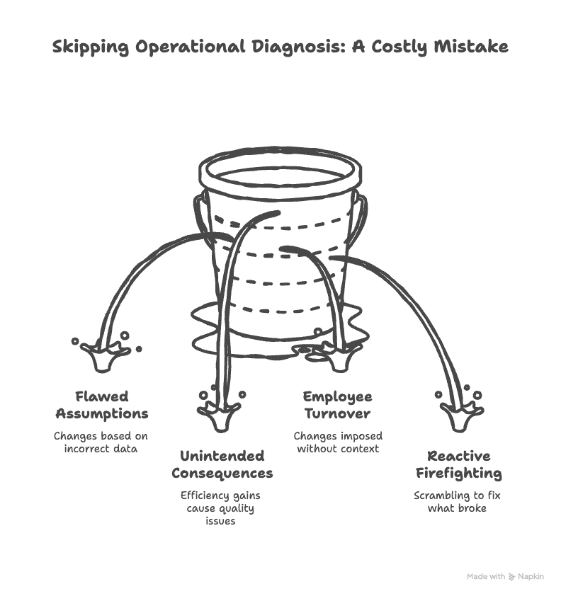 Skipping Operational Diagnosis: A Costly Mistake - showing value leaking through flawed assumptions, unintended consequences, employee turnover, and reactive firefighting