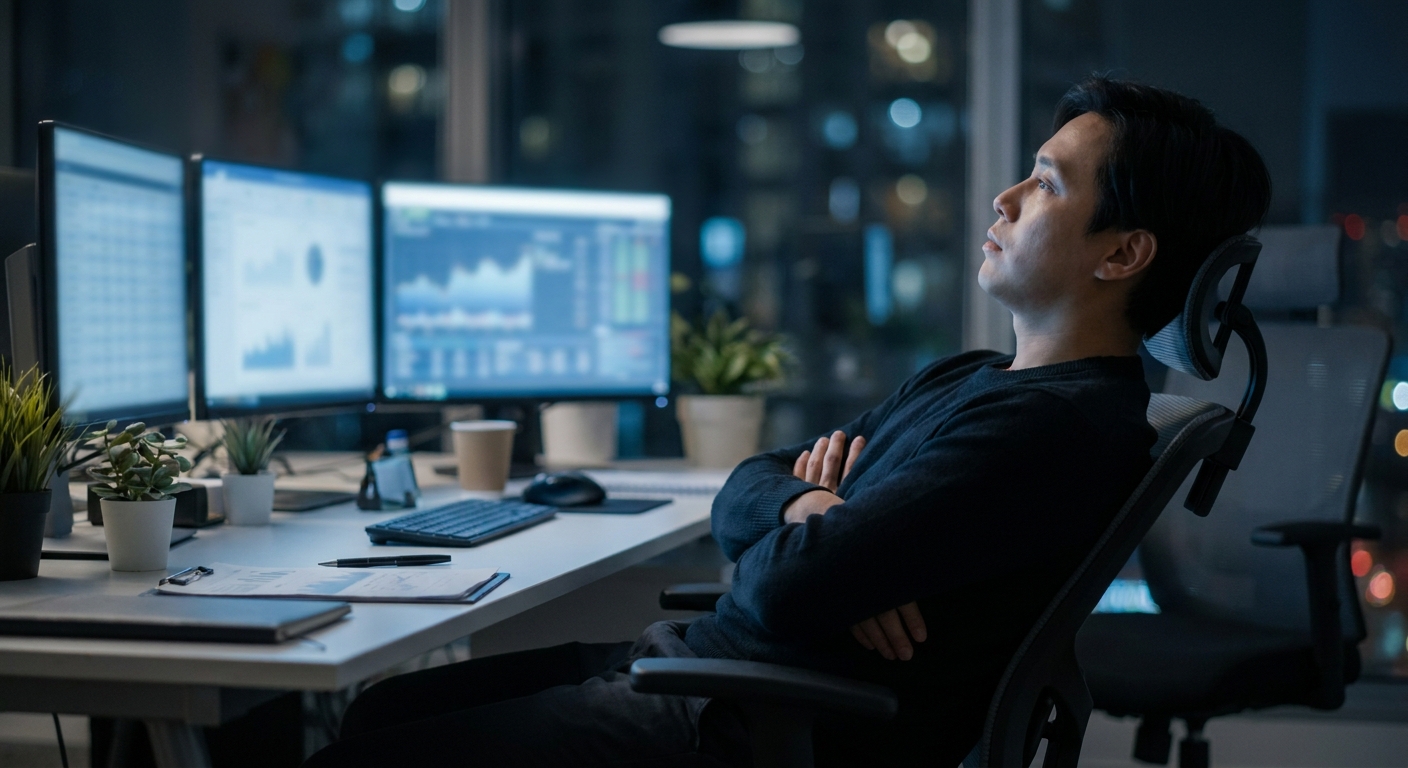 An analyst sits with arms crossed in front of multiple screens showing data, not engaging with any of it